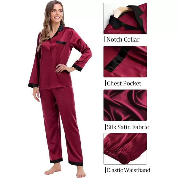 SWOMOG Couples Matching Pajamas Sets Silk Satin Long Sleeve Sleepwear ButtonDown Soft Loungewear Loose Pjs SetMen Wine Red