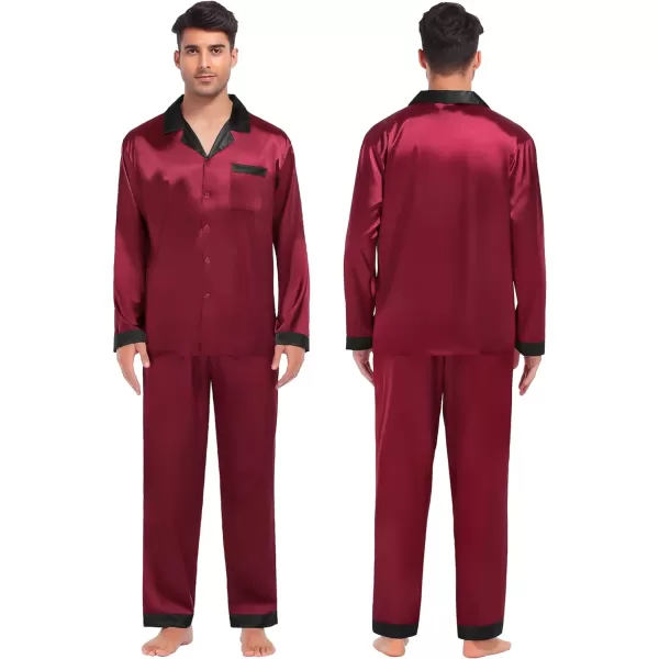 SWOMOG Couples Matching Pajamas Sets Silk Satin Long Sleeve Sleepwear ButtonDown Soft Loungewear Loose Pjs SetMen Wine Red