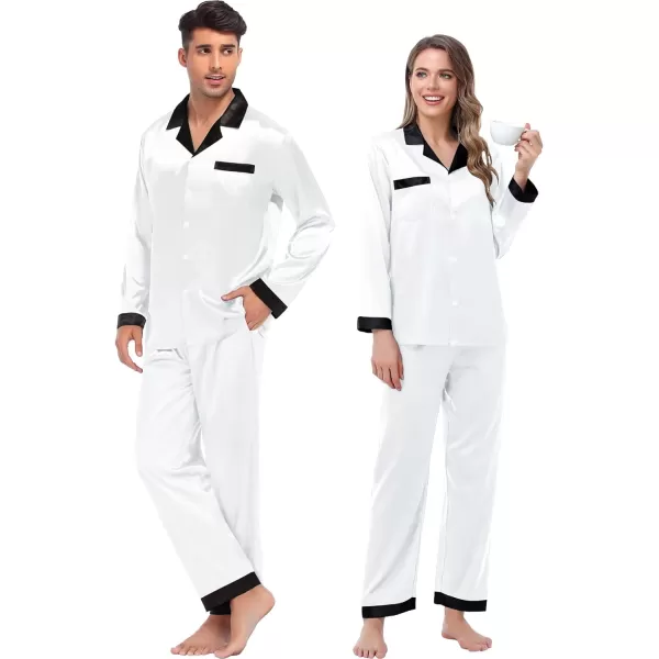 SWOMOG Couples Matching Pajamas Sets Silk Satin Long Sleeve Sleepwear ButtonDown Soft Loungewear Loose Pjs SetWomen White