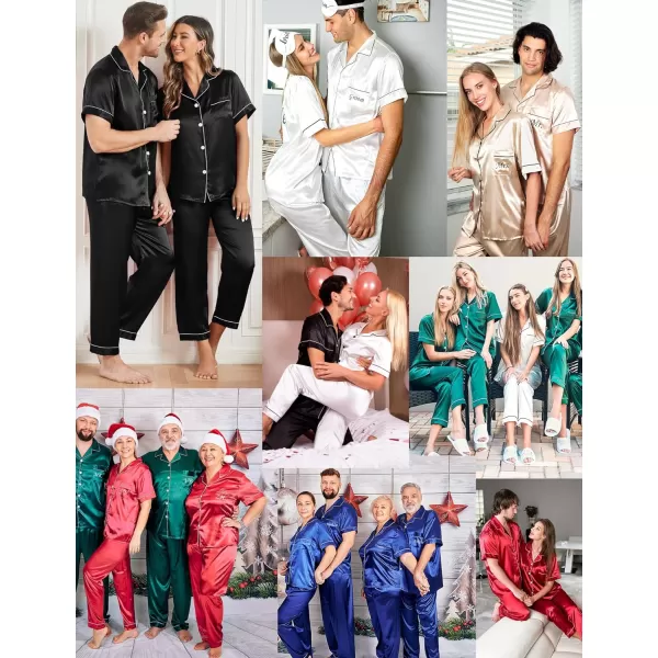 SWOMOG Couples Matching Pajamas Sets Silk Satin Short Sleeve Sleepwear Button Down Loungewear Pjs Set with Long PantsMen Black