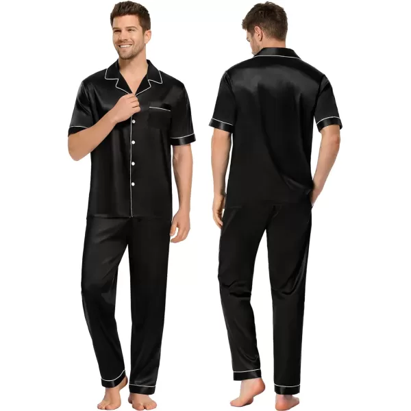 SWOMOG Couples Matching Pajamas Sets Silk Satin Short Sleeve Sleepwear Button Down Loungewear Pjs Set with Long PantsMen Black