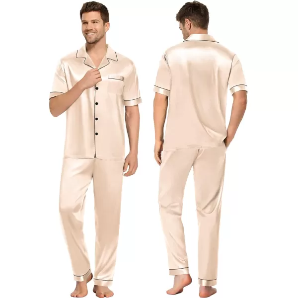 SWOMOG Couples Matching Pajamas Sets Silk Satin Short Sleeve Sleepwear Button Down Loungewear Pjs Set with Long PantsMen Champagne