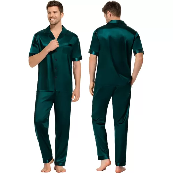 SWOMOG Couples Matching Pajamas Sets Silk Satin Short Sleeve Sleepwear Button Down Loungewear Pjs Set with Long PantsMen Deep Green