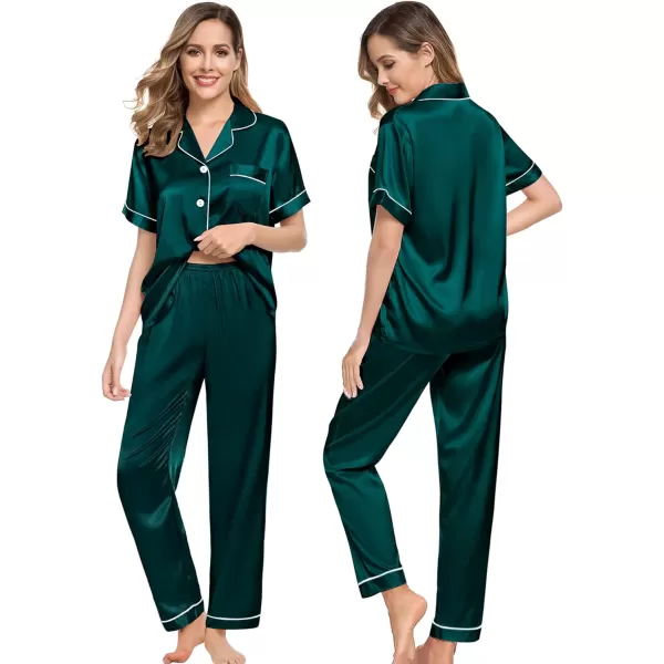 SWOMOG Couples Matching Pajamas Sets Silk Satin Short Sleeve Sleepwear Button Down Loungewear Pjs Set with Long PantsMen Deep Green