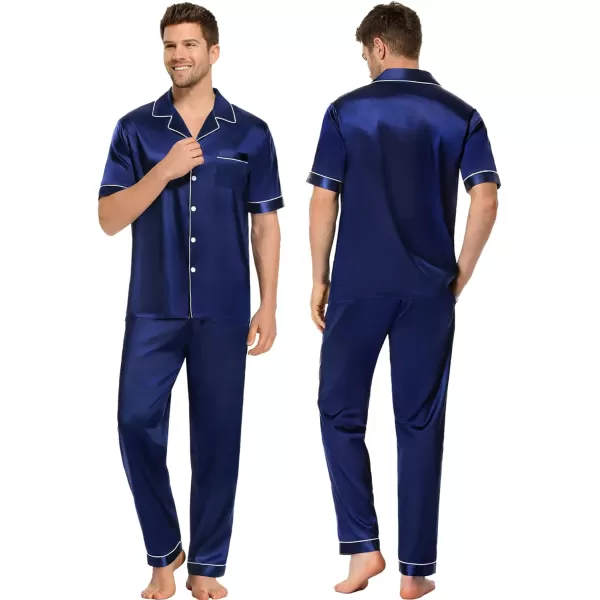 SWOMOG Couples Matching Pajamas Sets Silk Satin Short Sleeve Sleepwear Button Down Loungewear Pjs Set with Long PantsMen Navy Blue