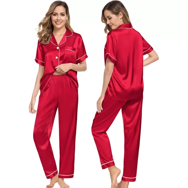 SWOMOG Couples Matching Pajamas Sets Silk Satin Short Sleeve Sleepwear Button Down Loungewear Pjs Set with Long PantsMen Red