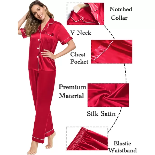 SWOMOG Couples Matching Pajamas Sets Silk Satin Short Sleeve Sleepwear Button Down Loungewear Pjs Set with Long PantsMen Red