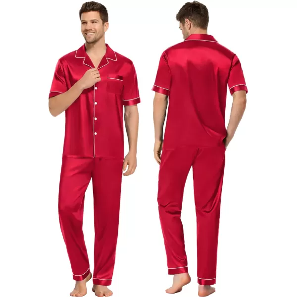 SWOMOG Couples Matching Pajamas Sets Silk Satin Short Sleeve Sleepwear Button Down Loungewear Pjs Set with Long PantsMen Red