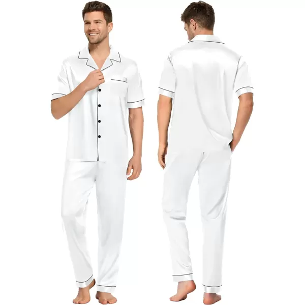 SWOMOG Couples Matching Pajamas Sets Silk Satin Short Sleeve Sleepwear Button Down Loungewear Pjs Set with Long PantsMen White