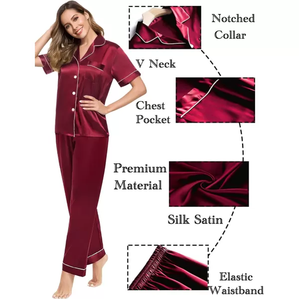 SWOMOG Couples Matching Pajamas Sets Silk Satin Short Sleeve Sleepwear Button Down Loungewear Pjs Set with Long PantsMen Wine Red