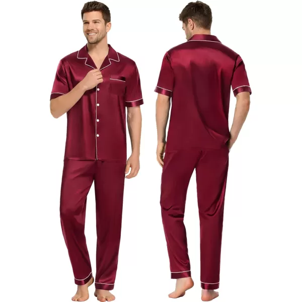 SWOMOG Couples Matching Pajamas Sets Silk Satin Short Sleeve Sleepwear Button Down Loungewear Pjs Set with Long PantsMen Wine Red