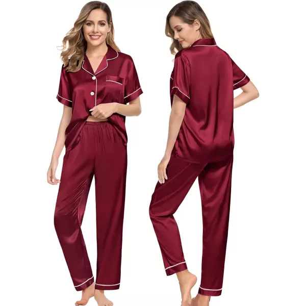 SWOMOG Couples Matching Pajamas Sets Silk Satin Short Sleeve Sleepwear Button Down Loungewear Pjs Set with Long PantsMen Wine Red