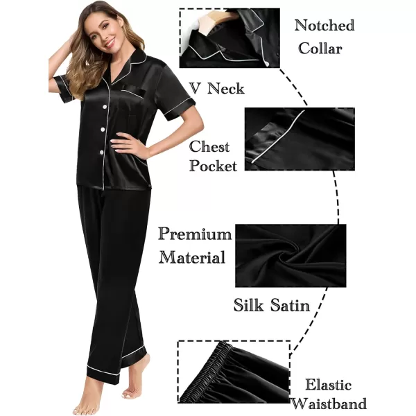 SWOMOG Couples Matching Pajamas Sets Silk Satin Short Sleeve Sleepwear Button Down Loungewear Pjs Set with Long PantsWomen Black