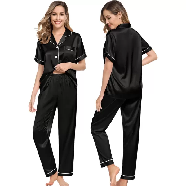 SWOMOG Couples Matching Pajamas Sets Silk Satin Short Sleeve Sleepwear Button Down Loungewear Pjs Set with Long PantsWomen Black