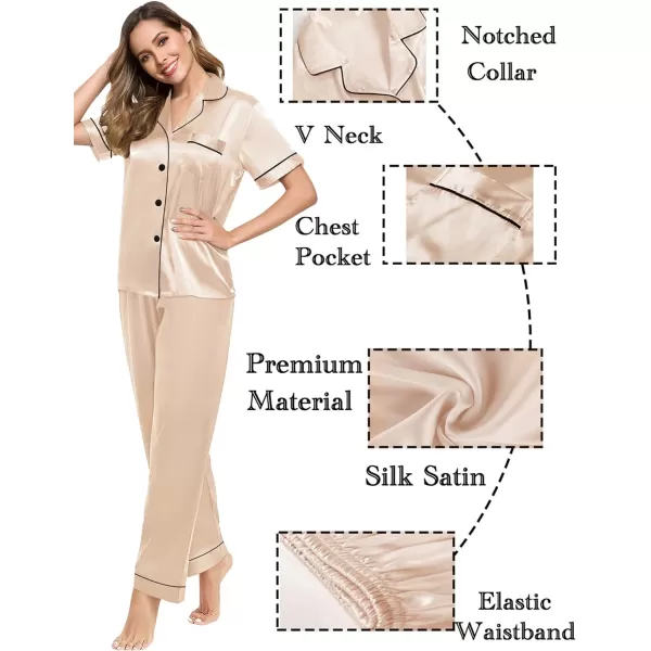 SWOMOG Couples Matching Pajamas Sets Silk Satin Short Sleeve Sleepwear Button Down Loungewear Pjs Set with Long PantsWomen Champagne