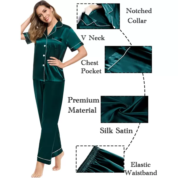 SWOMOG Couples Matching Pajamas Sets Silk Satin Short Sleeve Sleepwear Button Down Loungewear Pjs Set with Long PantsWomen Deep Green