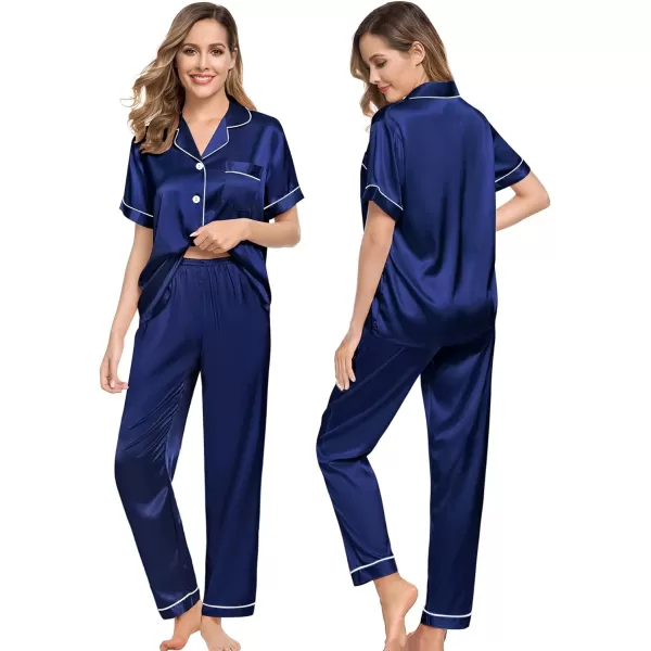 SWOMOG Couples Matching Pajamas Sets Silk Satin Short Sleeve Sleepwear Button Down Loungewear Pjs Set with Long PantsWomen Navy Blue