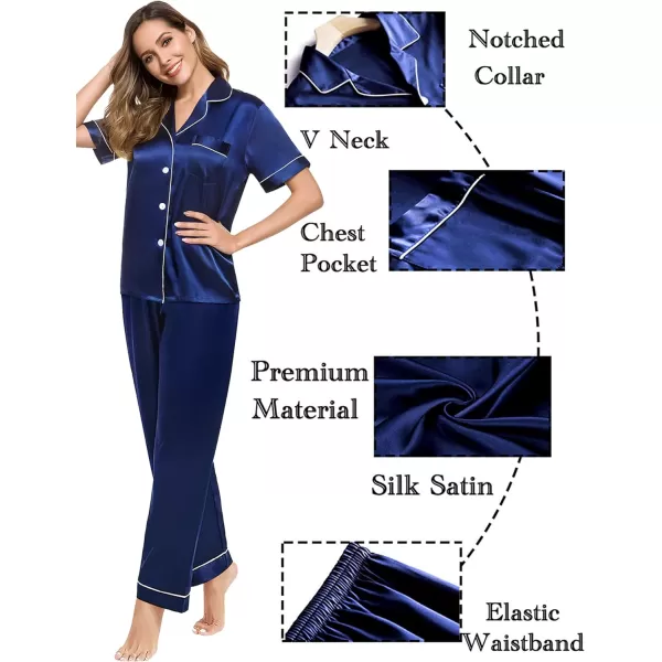 SWOMOG Couples Matching Pajamas Sets Silk Satin Short Sleeve Sleepwear Button Down Loungewear Pjs Set with Long PantsWomen Navy Blue