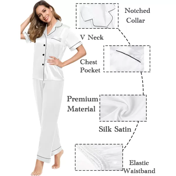 SWOMOG Couples Matching Pajamas Sets Silk Satin Short Sleeve Sleepwear Button Down Loungewear Pjs Set with Long PantsWomen White