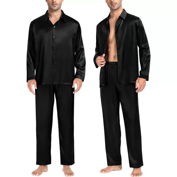 SWOMOG Couples Matching Pajamas Silk Satin Long Sleeve Button Down Sleepwear 2 Pieces Loungewear Soft PJs Set with PocketsBlackmen