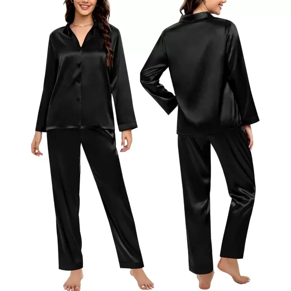 SWOMOG Couples Matching Pajamas Silk Satin Long Sleeve Button Down Sleepwear 2 Pieces Loungewear Soft PJs Set with PocketsBlackwomen