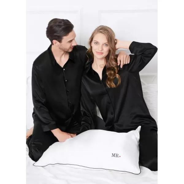 SWOMOG Couples Matching Pajamas Silk Satin Long Sleeve Button Down Sleepwear 2 Pieces Loungewear Soft PJs Set with PocketsBlackwomen