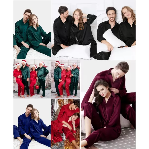 SWOMOG Couples Matching Pajamas Silk Satin Long Sleeve Button Down Sleepwear 2 Pieces Loungewear Soft PJs Set with PocketsBlackwomen