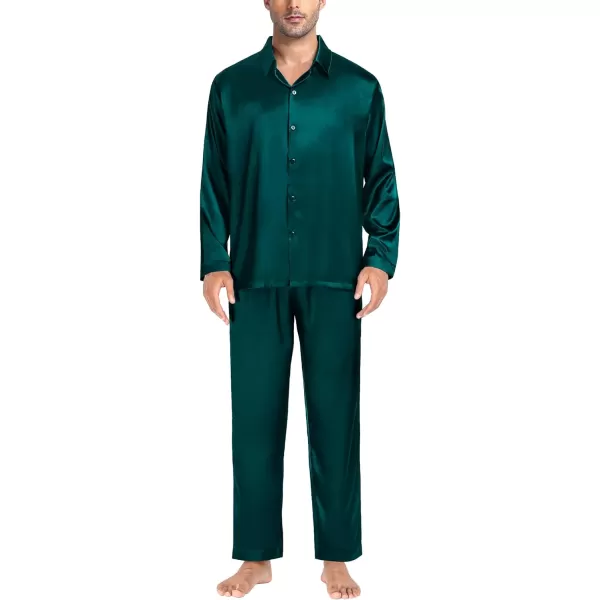 SWOMOG Couples Matching Pajamas Silk Satin Long Sleeve Button Down Sleepwear 2 Pieces Loungewear Soft PJs Set with PocketsDeep Greenmen