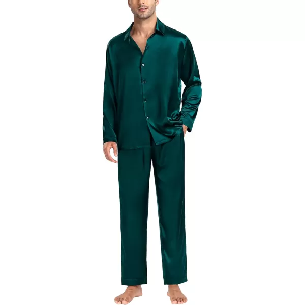 SWOMOG Couples Matching Pajamas Silk Satin Long Sleeve Button Down Sleepwear 2 Pieces Loungewear Soft PJs Set with PocketsDeep Greenmen