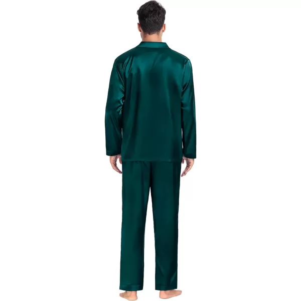 SWOMOG Couples Matching Pajamas Silk Satin Long Sleeve Button Down Sleepwear 2 Pieces Loungewear Soft PJs Set with PocketsDeep Greenmen