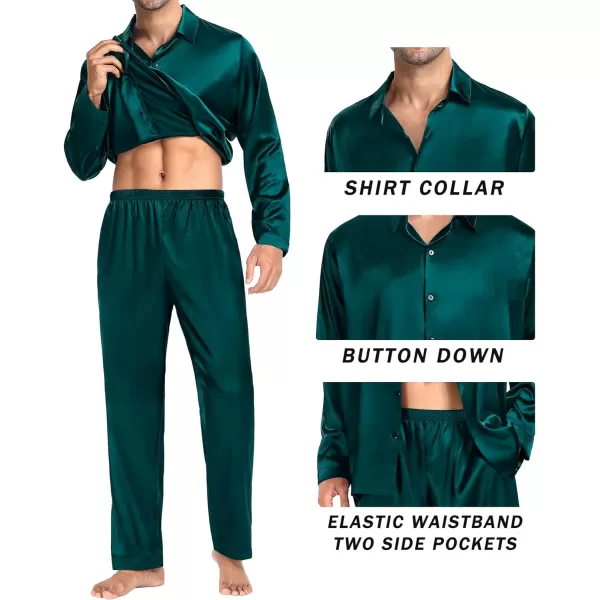 SWOMOG Couples Matching Pajamas Silk Satin Long Sleeve Button Down Sleepwear 2 Pieces Loungewear Soft PJs Set with PocketsDeep Greenmen