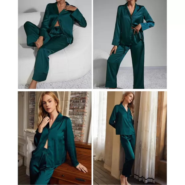 SWOMOG Couples Matching Pajamas Silk Satin Long Sleeve Button Down Sleepwear 2 Pieces Loungewear Soft PJs Set with PocketsDeep Greenwomen