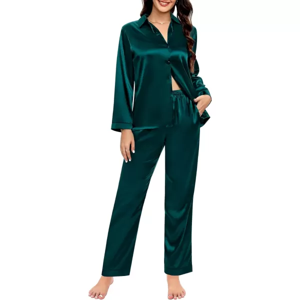 SWOMOG Couples Matching Pajamas Silk Satin Long Sleeve Button Down Sleepwear 2 Pieces Loungewear Soft PJs Set with PocketsDeep Greenwomen