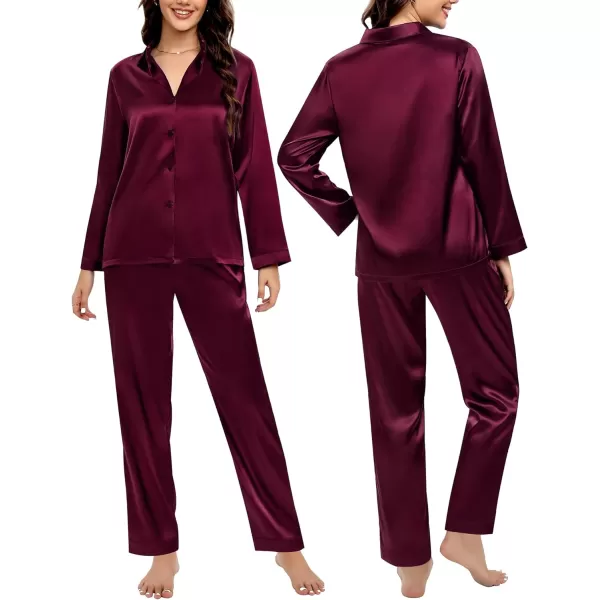 SWOMOG Couples Matching Pajamas Silk Satin Long Sleeve Button Down Sleepwear 2 Pieces Loungewear Soft PJs Set with PocketsDeep Wine Redmen