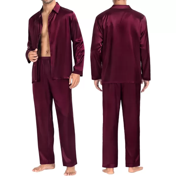 SWOMOG Couples Matching Pajamas Silk Satin Long Sleeve Button Down Sleepwear 2 Pieces Loungewear Soft PJs Set with PocketsDeep Wine Redmen