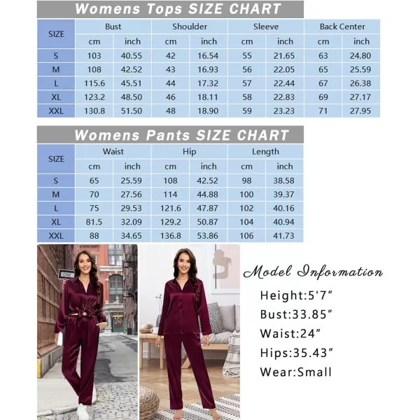 SWOMOG Couples Matching Pajamas Silk Satin Long Sleeve Button Down Sleepwear 2 Pieces Loungewear Soft PJs Set with PocketsDeep Wine Redwomen