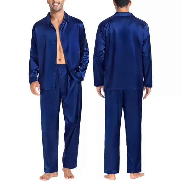 SWOMOG Couples Matching Pajamas Silk Satin Long Sleeve Button Down Sleepwear 2 Pieces Loungewear Soft PJs Set with PocketsNavy Bluewomen