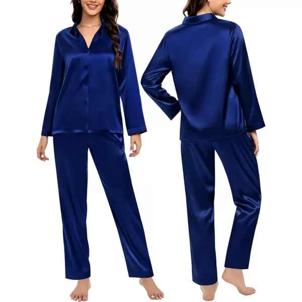 SWOMOG Couples Matching Pajamas Silk Satin Long Sleeve Button Down Sleepwear 2 Pieces Loungewear Soft PJs Set with PocketsNavy Bluewomen