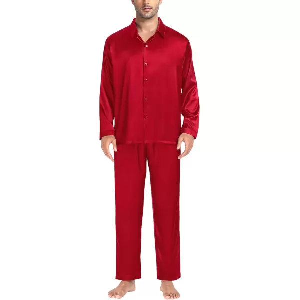 SWOMOG Couples Matching Pajamas Silk Satin Long Sleeve Button Down Sleepwear 2 Pieces Loungewear Soft PJs Set with PocketsRedmen