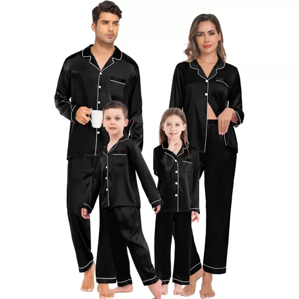 SWOMOG Family Christmas Pajamas Matching Sets 4 Pcs Silk Satin Pjs Sets ButtonDown Soft LoungewearKids Black