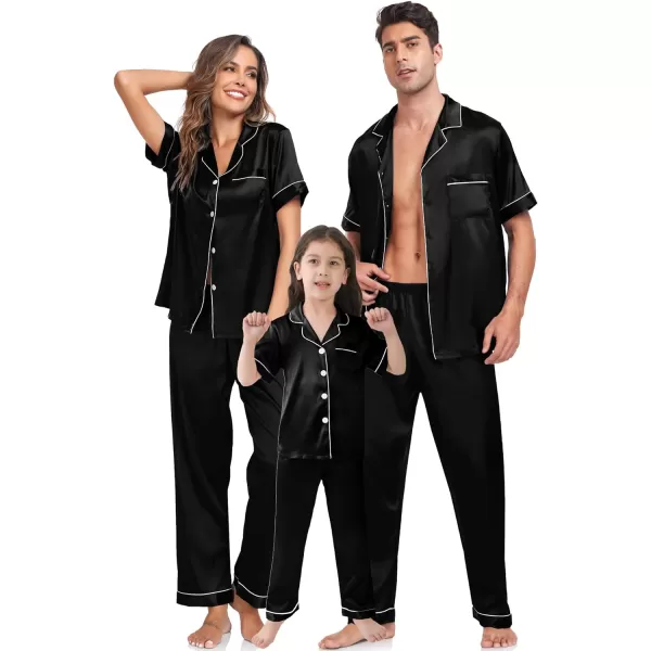 SWOMOG Family Christmas Pajamas Matching Sets 4 Pcs Silk Satin Pjs Sets ButtonDown Soft LoungewearKids Black