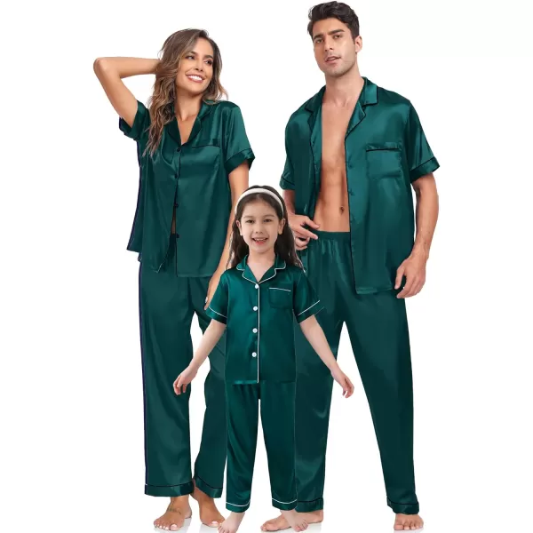 SWOMOG Family Christmas Pajamas Matching Sets 4 Pcs Silk Satin Pjs Sets ButtonDown Soft LoungewearKids Deep Green