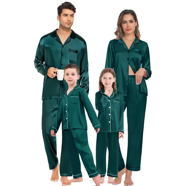 SWOMOG Family Christmas Pajamas Matching Sets 4 Pcs Silk Satin Pjs Sets ButtonDown Soft LoungewearKids Deep Green