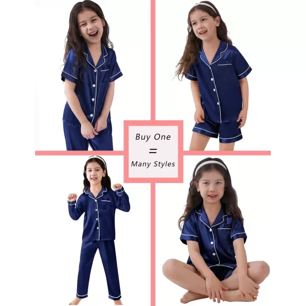 SWOMOG Family Christmas Pajamas Matching Sets 4 Pcs Silk Satin Pjs Sets ButtonDown Soft LoungewearKids Navy Blue