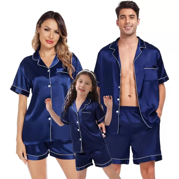 SWOMOG Family Christmas Pajamas Matching Sets 4 Pcs Silk Satin Pjs Sets ButtonDown Soft LoungewearKids Navy Blue