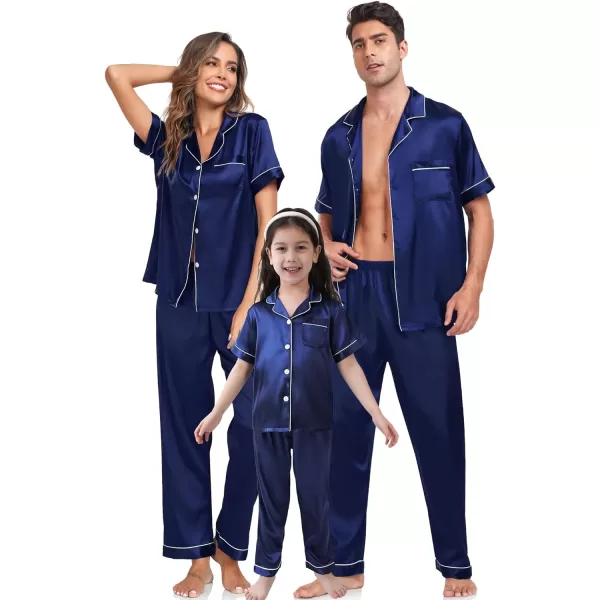 SWOMOG Family Christmas Pajamas Matching Sets 4 Pcs Silk Satin Pjs Sets ButtonDown Soft LoungewearKids Navy Blue