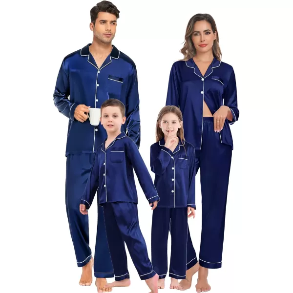 SWOMOG Family Christmas Pajamas Matching Sets 4 Pcs Silk Satin Pjs Sets ButtonDown Soft LoungewearKids Navy Blue