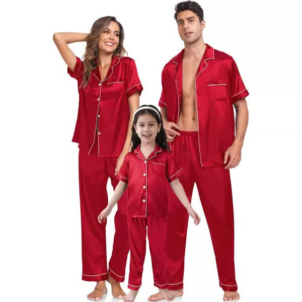 SWOMOG Family Christmas Pajamas Matching Sets 4 Pcs Silk Satin Pjs Sets ButtonDown Soft LoungewearKids Red 1