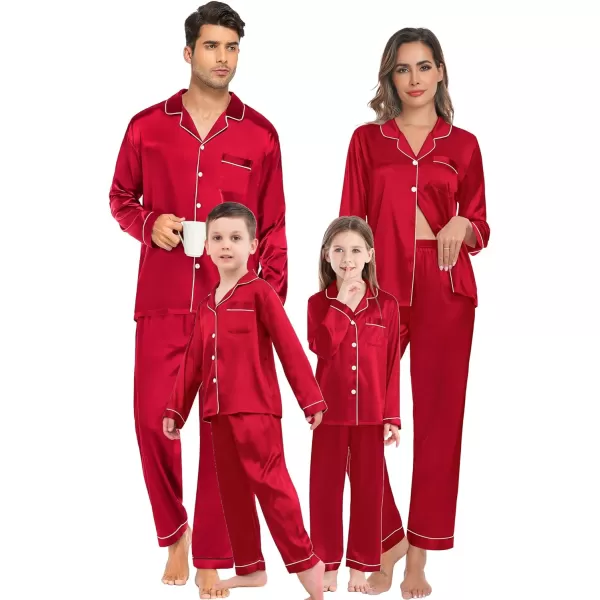 SWOMOG Family Christmas Pajamas Matching Sets 4 Pcs Silk Satin Pjs Sets ButtonDown Soft LoungewearKids Red 1