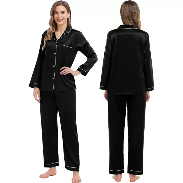 SWOMOG Family Matching Pajamas Set Silk Satin Button Down Sleepwear Long Sleeve Nightwear 2 Pcs Pj SetKids A Black